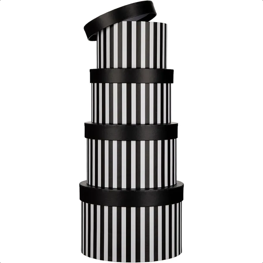 Gift Boxes with Lids for Presents Black and White Striped Round Box for Flower Arrangements Set of 4 Nesting Gift Boxes Bulk fo