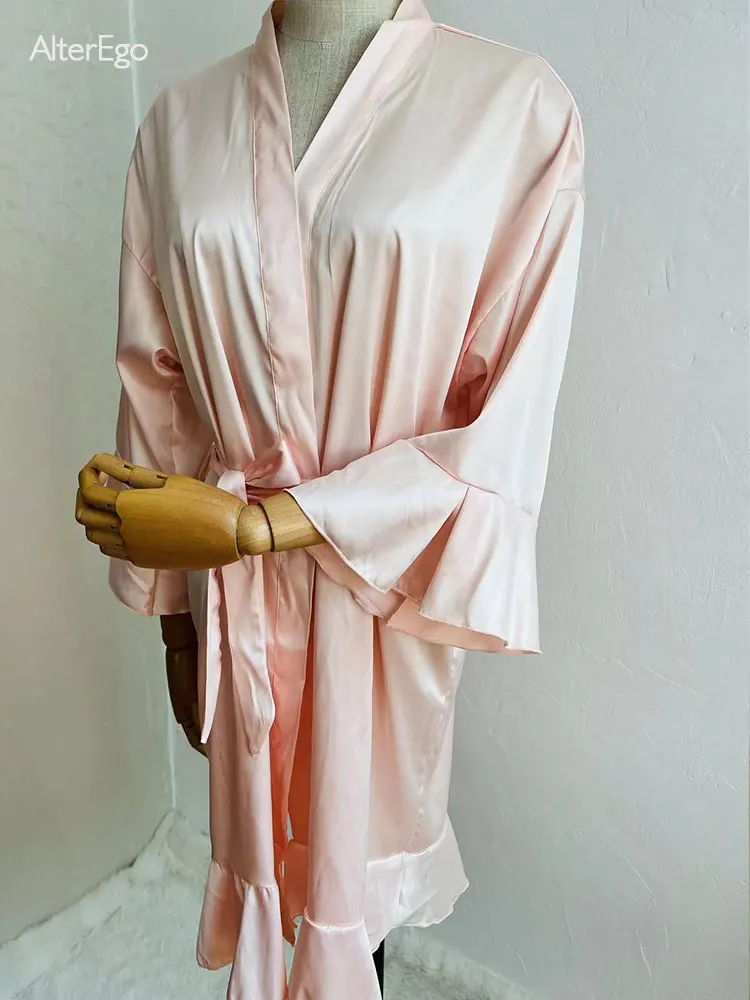 

Kimono Women's Ruffle Hem Robes Ladies Short Gown Honeymoon Lounge Bridesmaid Robes Satin Wedding Robes Set Soft Women's Kimonos