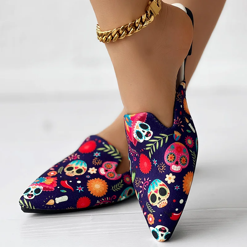 Fashion Women Point Toe Shoes Flat Casual Home Wear Vacation Halloween Skull Head Print Slippers Point Toe Mules