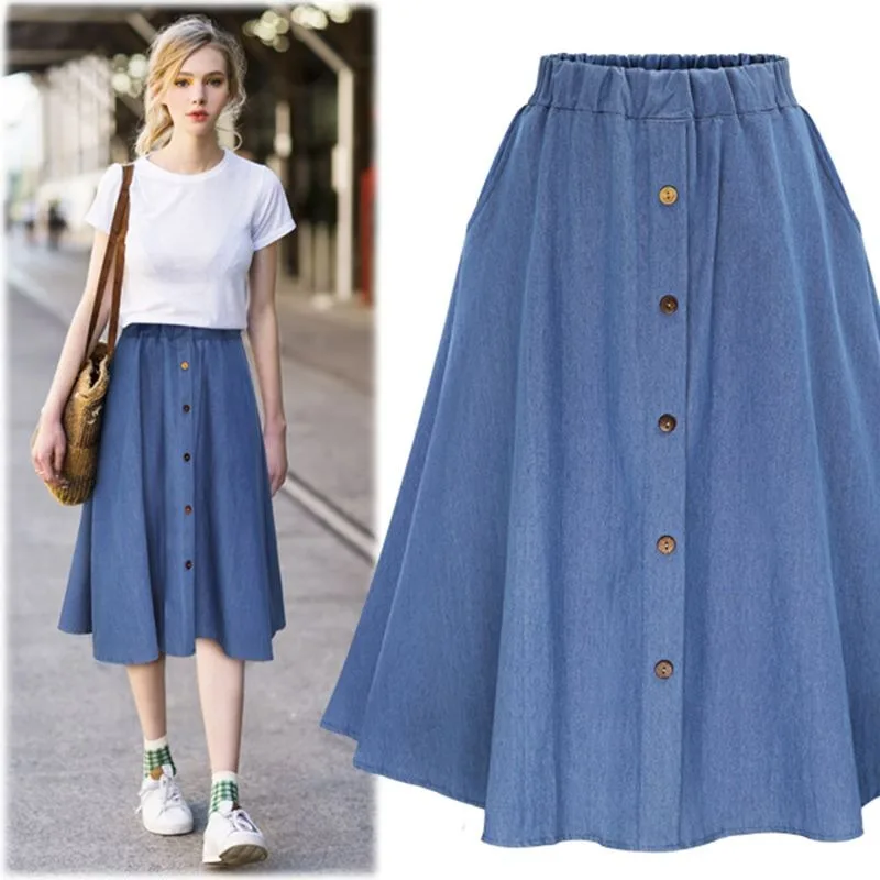 

Plus Size Denim Skirt Women Blue Button Front Elastic Waist Summer Streetwear S-2XL