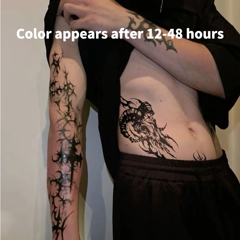 Waterproof Herbal Juice Tattoo Sticker Symmetrical Lion Design Temporary Tattoos for Men Waist Fake Tattoos Style Art Hotwife