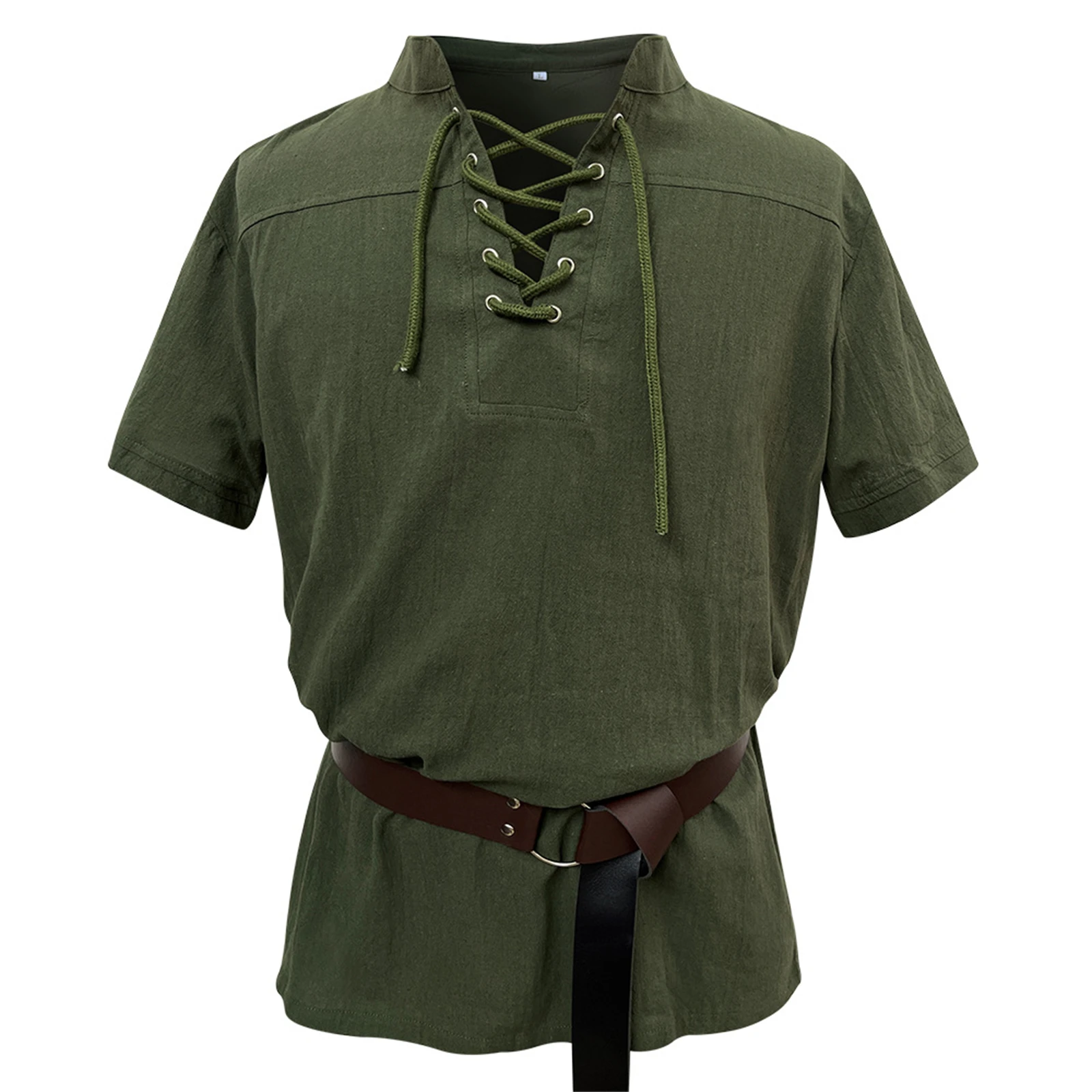 Men Medieval Renaissance Victorian Gothic Short Sleeve Linen Cotton Shirt, Pirate Vampire Prince Cosplay Top with Built-in Belt
