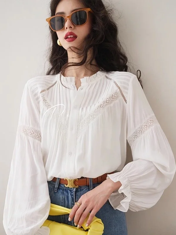 

Rixo Dore High End Retro Court Sle Patchwork Lace irt Женская модная блузка Ele Long Sve round Ne Свободный крой