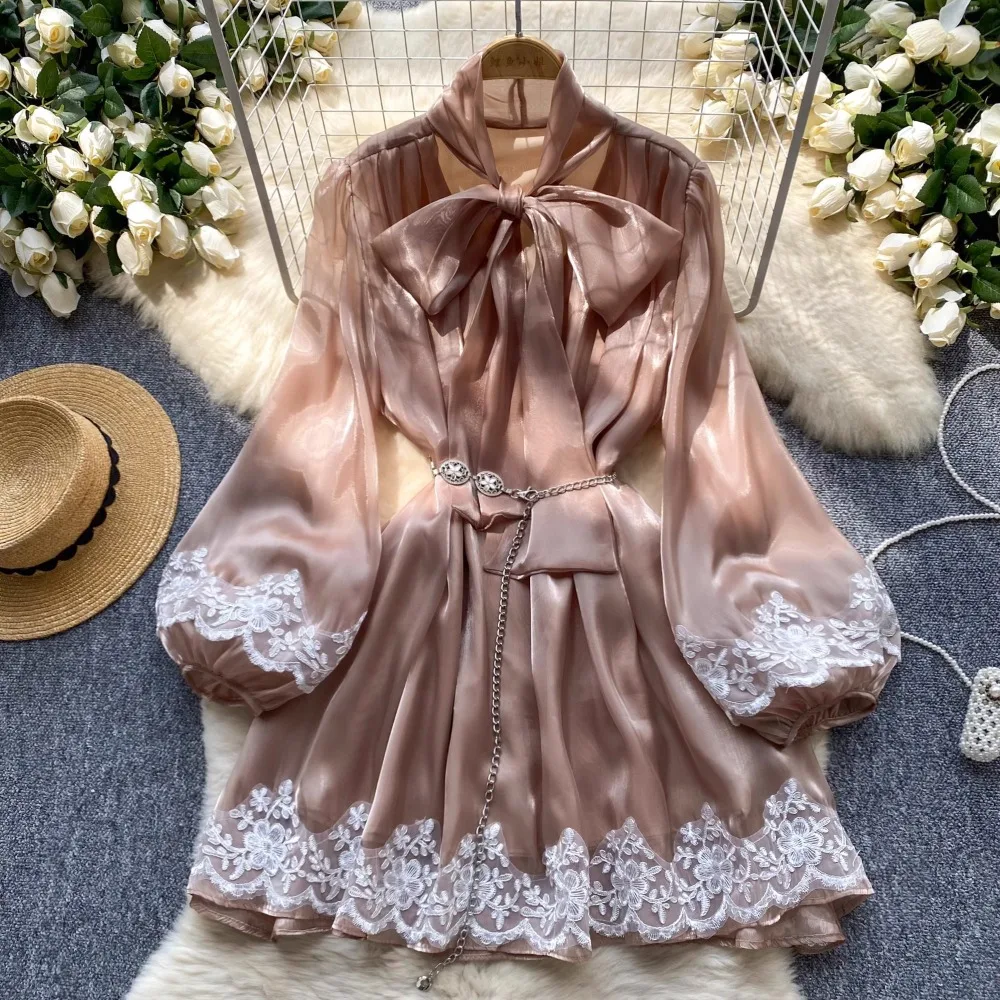 

European and American elegant dress niche luxury bow lantern sleeve lace patchwork bright chiffon short skirt