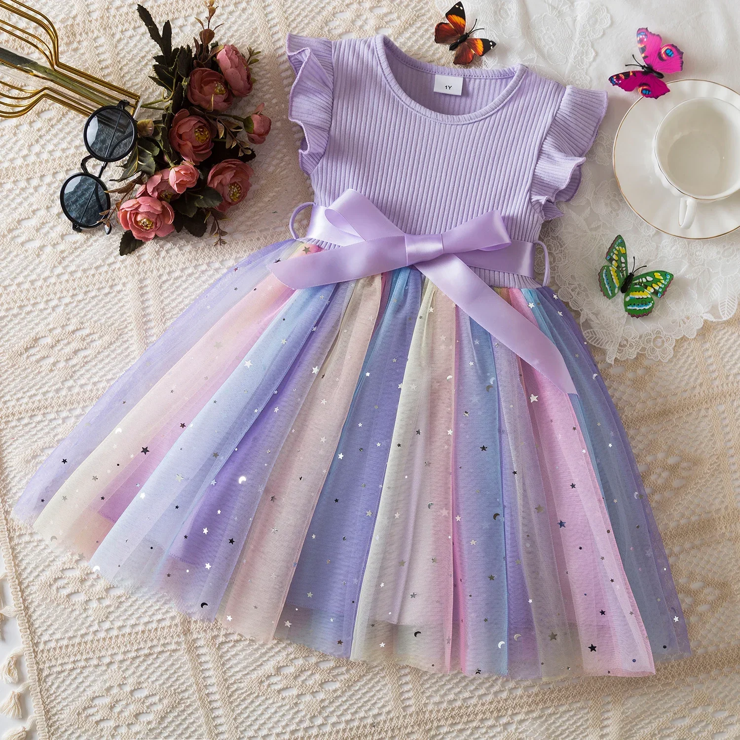 New Girls Dress for Sequins Birthday 1-5Y Toddler Girls Rainbow Tulle Dress Sweet Kids Princess Dress for Girls 2025 Summer Wear image 5