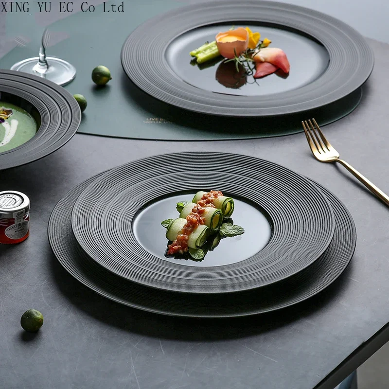 Ceramic Plate Dinner Plates Creative Round Black Frosted Steak Plate Household Tableware Display Plate Kitchen, Dining & Bar