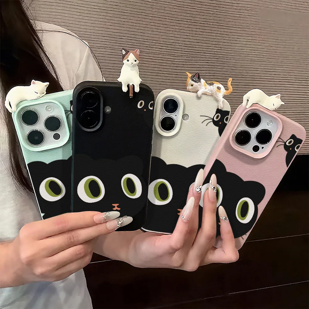 Schwarze süße Katzen-Leder-Handyhülle für iPhone 17 Pro Max 11 16 15 12 13 14 Plus Air Soft stoßfeste 3D liegende Katzenabdeckung Funda