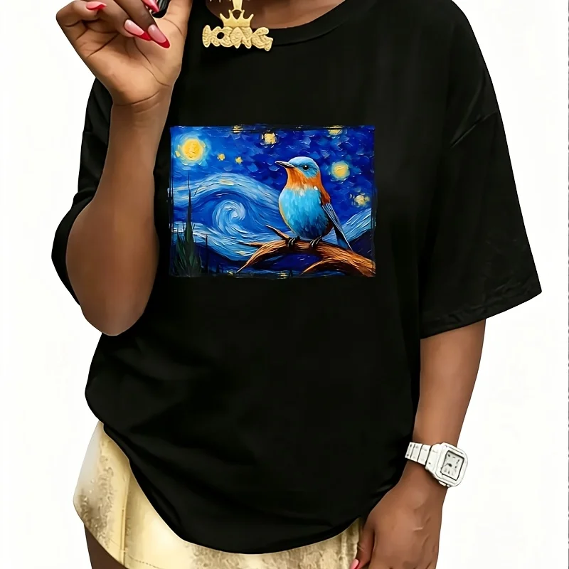 Eastern Bluebird Painting Birds Lover Women's 100% Cotton T-Shirt Fun Print Short Sleeve Top Casual Round Neck Tee S-5Xl