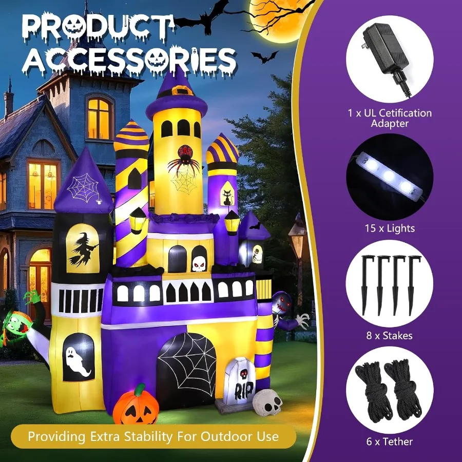 Alupssuc العملاق 11FT هالوين المطاطية القلعة الديكور في الهواء الطلق مع أضواء LED المدمج ل داخلي الجبهة ساحة الحديقة حديقة P #3
