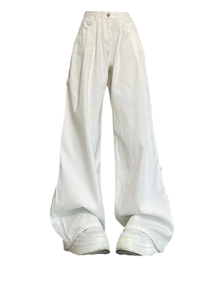High Waist Wide Leg Denim Jeans Women's Autumn Winter New Style Folded Loose Slim Straight Floor-Length Pants Draping