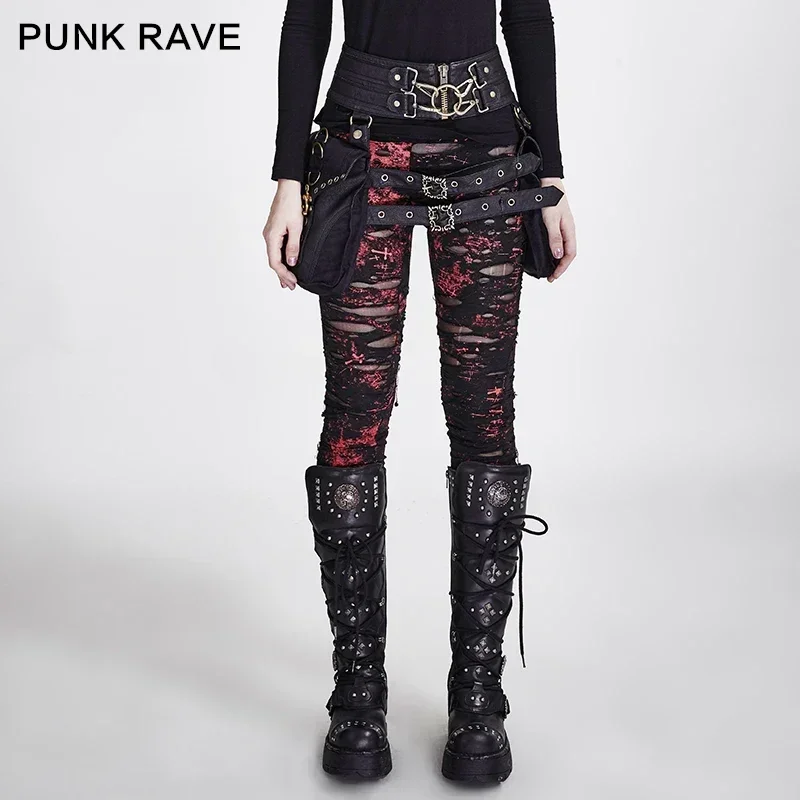 PUNK RAVE-Leggings de malha gótica com buracos para mulheres, crochê, respirável, calças rasgadas, preto, vermelho, charme Steampunk, cintura alta, quebrada, sexy