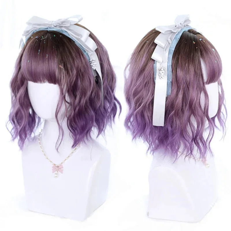 Sky02 HOUYAN Peluca de pelo rizado bob corto sintético para niña, peluca rosa púrpura, flequillo femenino, peluca de fiesta Lolita, peluca resistente al calor 88Ji #