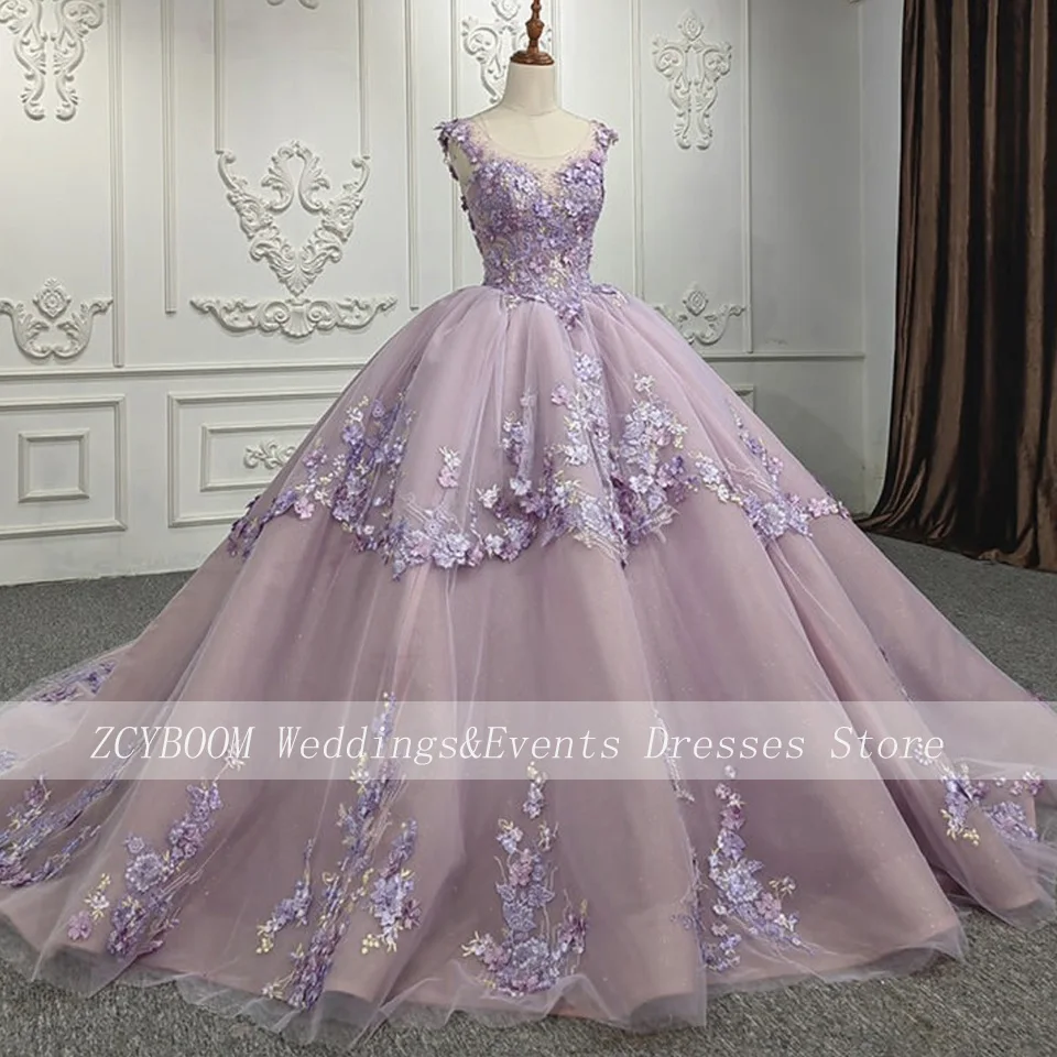 

Charming O-Neck Flowers Pearls Appliques Evening Dress 2023 Ball Gown Floor Length Sweep Train Sleeveless Custom Made Prom Gown