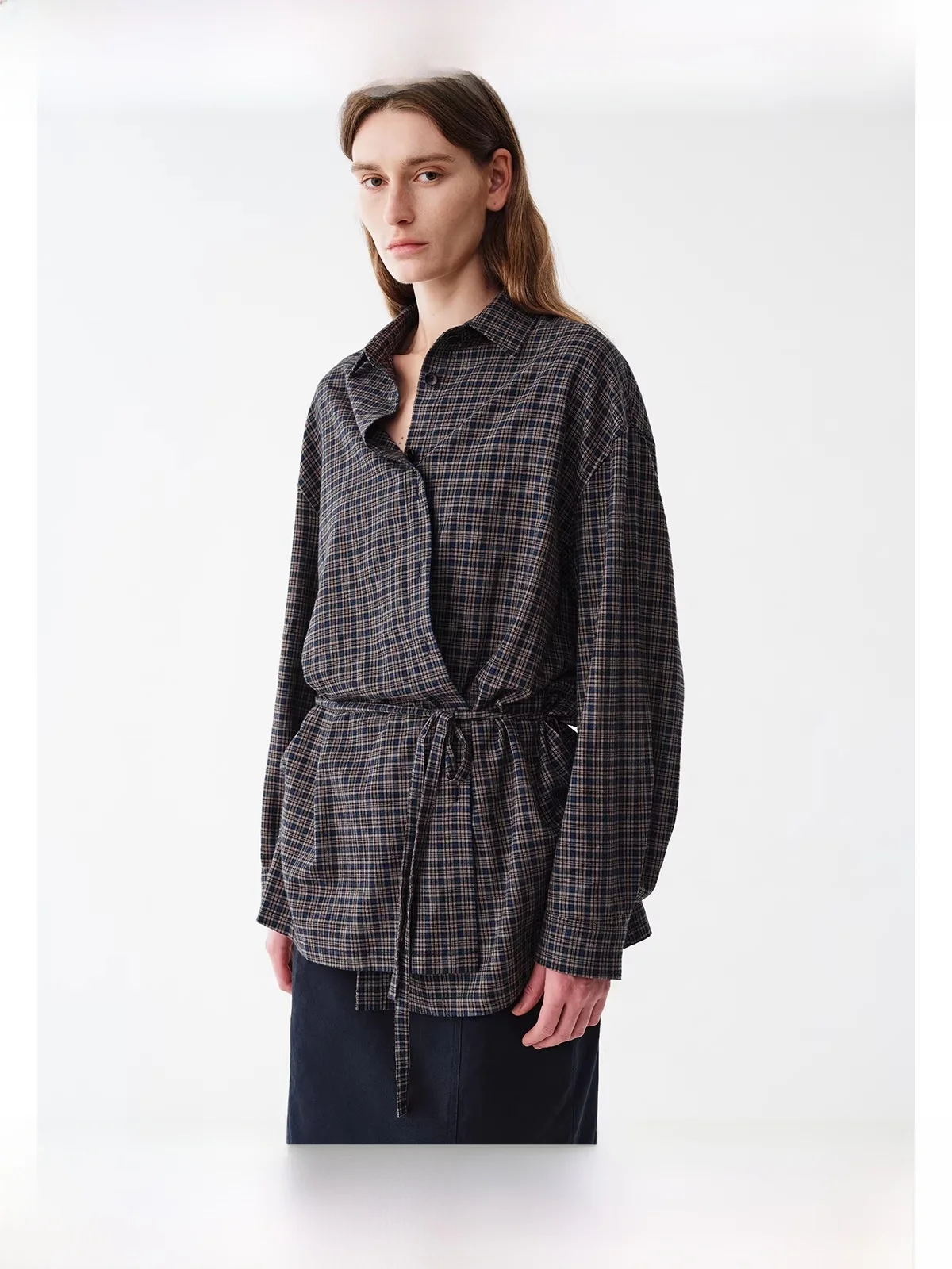 

High-eld Pure Cotton Plaid irt with Belt Planites Vol.2 Brued Texture Women's Busin Casual Long Sve Button up