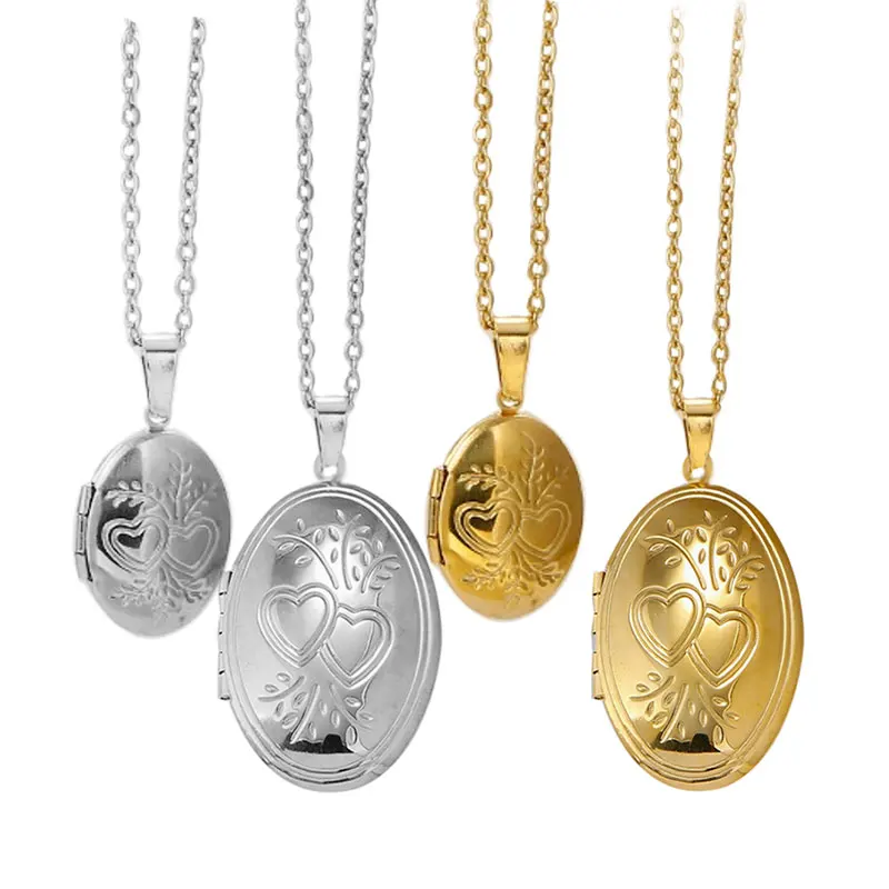 1pc Oval Double Heart Locket DIY Photo Frame Stainless Steel Charm Necklaces Women Kids Family Couples Memorial Jewelry Gift