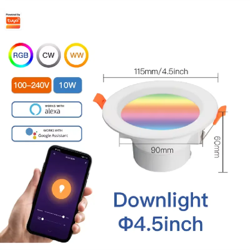 2025 Smart LED Downlight RGBW Wifi Bluetooth App Control 16M Colors Tunable White Voice Control with Alexa Easy Installation