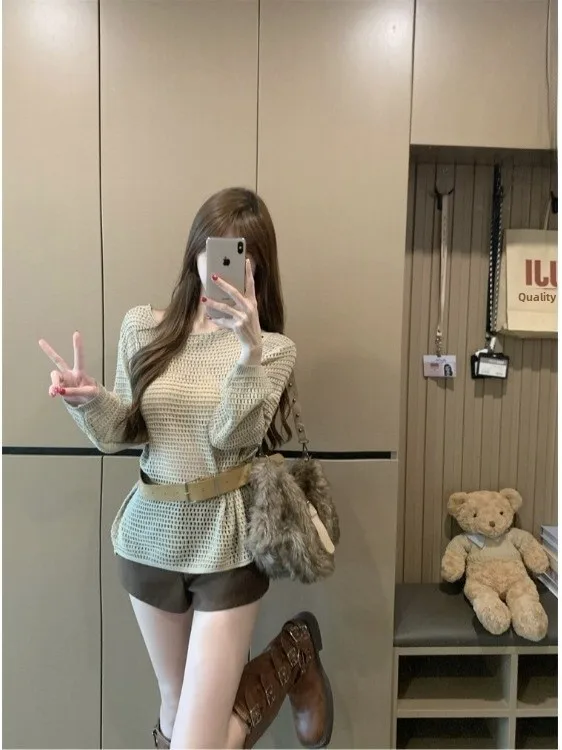 

Женский вязаный топ с длинными рукавами для защиты от солнца, с вырезами, утягивающий, простой, универсальный, весенний, новый стиль, в корейском стиле