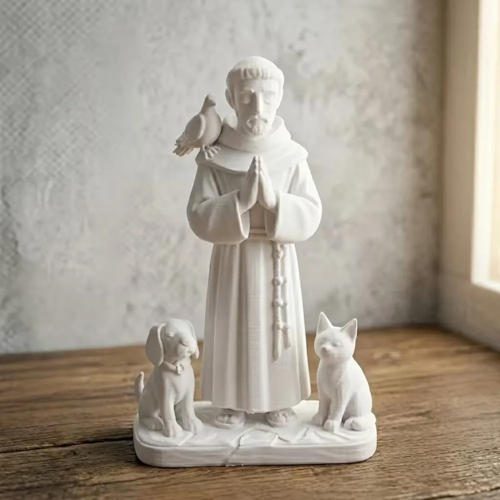 3D Printed Saint Francis Statue Praying Hand Pose Animal Companion St Francis Sculpture Sacred Plastic