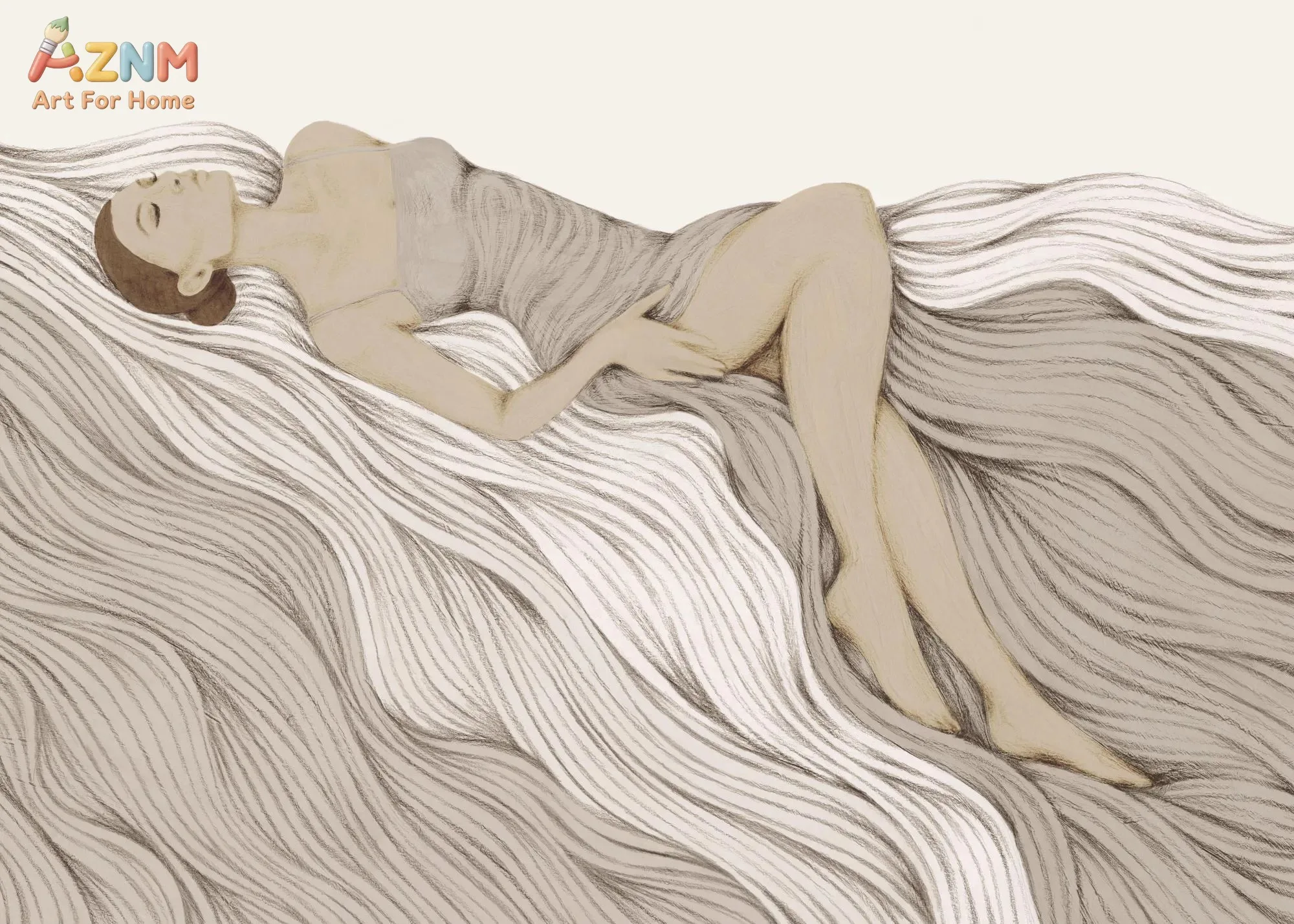 Sleeping Woman Wave Fabric Canvas Print, Sepia Female Figure Abstract Dreamy Line Art Bedroom Wall Decor Unframed Canvas