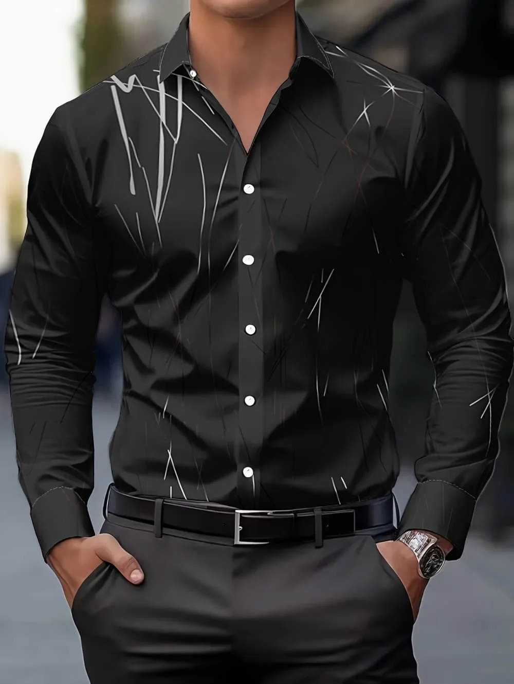 

Men's Trendy Geometric Line Print Long Sleeved Shirt Business Casual Fashion Design Slim Fit Lapel Button Causal Men's Clothing