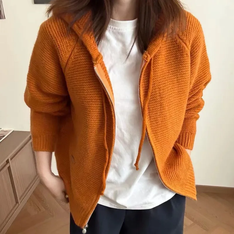 FANAN Colorful Hooded Sweater Jacket For Women's Autumn And Winter Fashion Simple Double Zipper Knitted Cardigan Top Thin Jacket