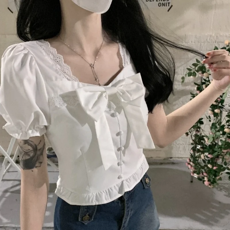 Ruffles Shirts Women Lace Hotsweet Puff Sleeve Slim Summer Korean Style Princess Ins Fashion Ulzzang Solid All-match Personality