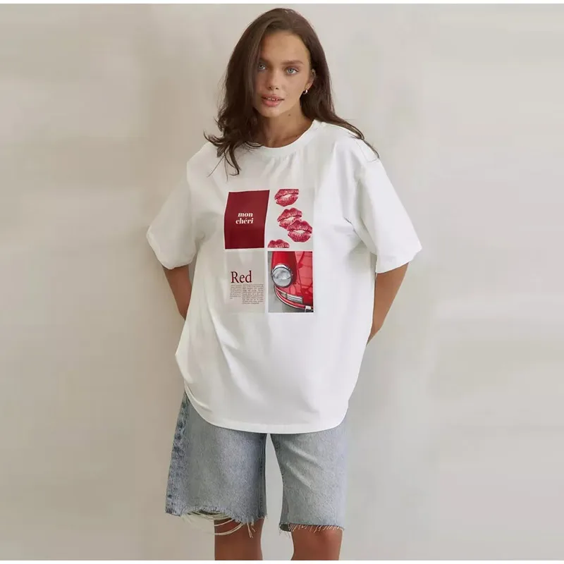 

Chic Heart Letter Printed Cotton T-shirts Women Loose O-neck Half Sleeve Oversize Female Tee 2025 Summer Fashion Lady Outwears