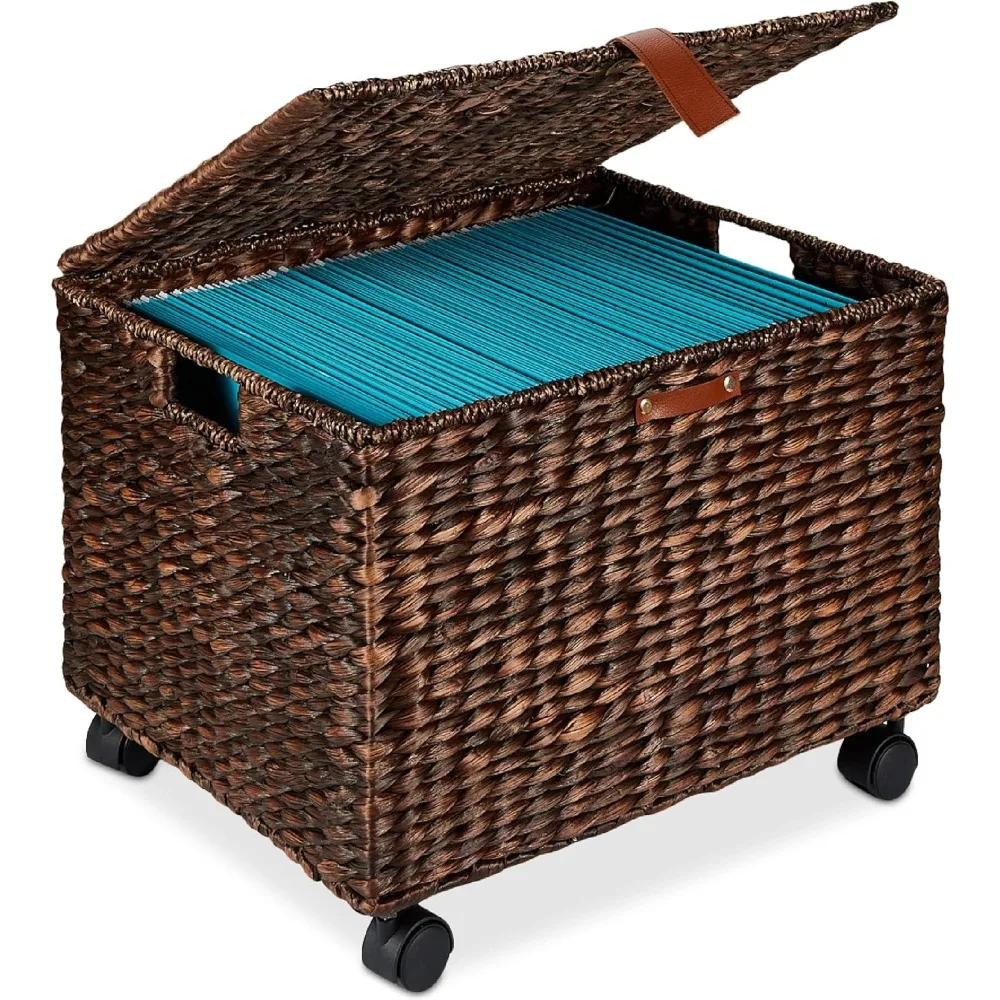 

Handwoven Water Hyacinth Rolling Filing Cabinet, Mobile File Organizer for Hanging Folders W/Lid and Locking Wheels For Home