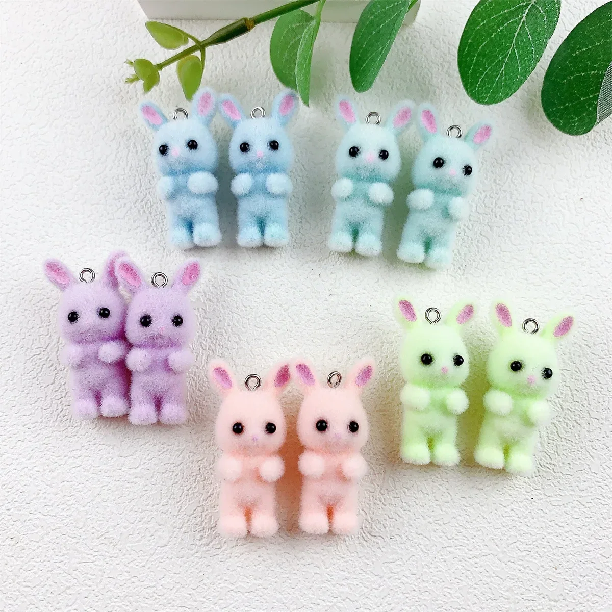 30Pcs 3D Cute Colorful Flocking Rabbit Resin Charms Cartoon Plush Animal Pendant For Keychain Earring DIY Crafts Jewelry Make