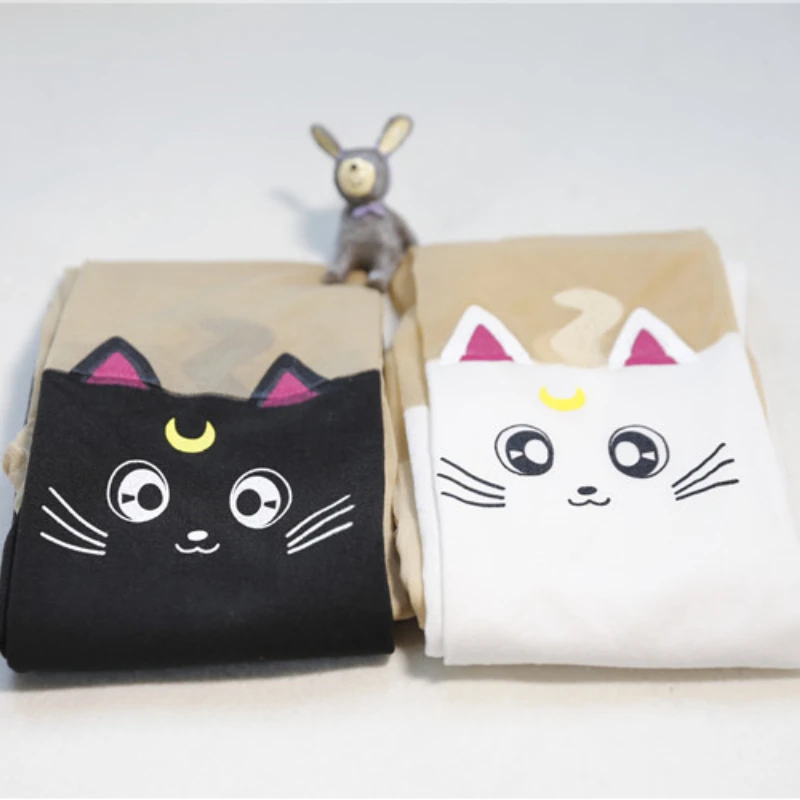 Anime Sailor Moon skarpetki przebranie na karnawał Luna kot nadruk kreskówkowy pończochy rajstopy rajstopy pończochy czarno-białe