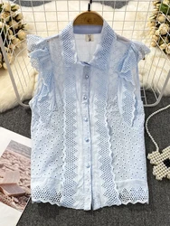 Water Soluble Lace Blusas Femme Patchwork Hollowed-Out Embroidery Sleeveless Shirts Single Breasted Loose Cotton Blouses