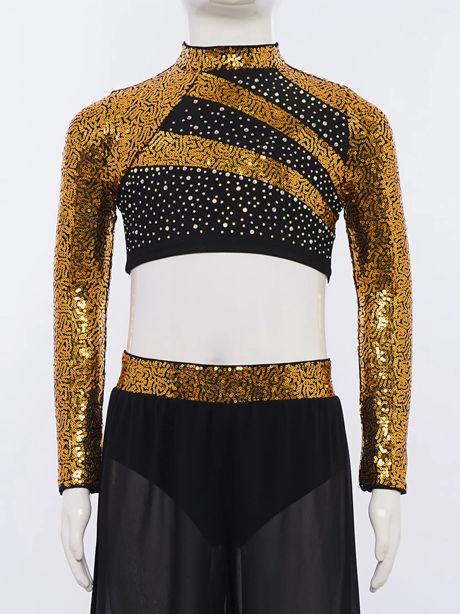 أطفال بنات الجاز الرقص الحديث الأعلى الباليه الشكل التزلج المحاصيل الأعلى طويلة الأكمام وهمية الرقبة سباركلي الترتر قميص لأداء المرحلة