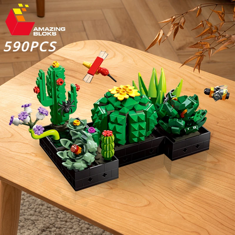 590PCS Succulent Plant Potted Building Blocks Set Flower Cactus Assemble  Model Bricks Desktop Ornament Kids Toy Christmas Gifts