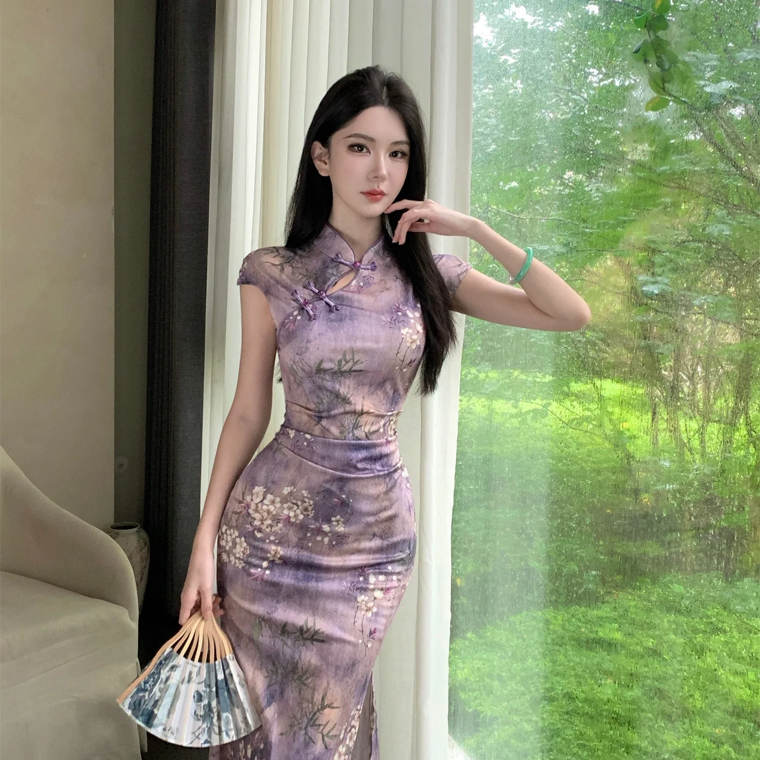 Retro Republic of Chi Improved  Print Split Pleated Dr ort Sve Mid-Length Chinese Sle Women's Faion