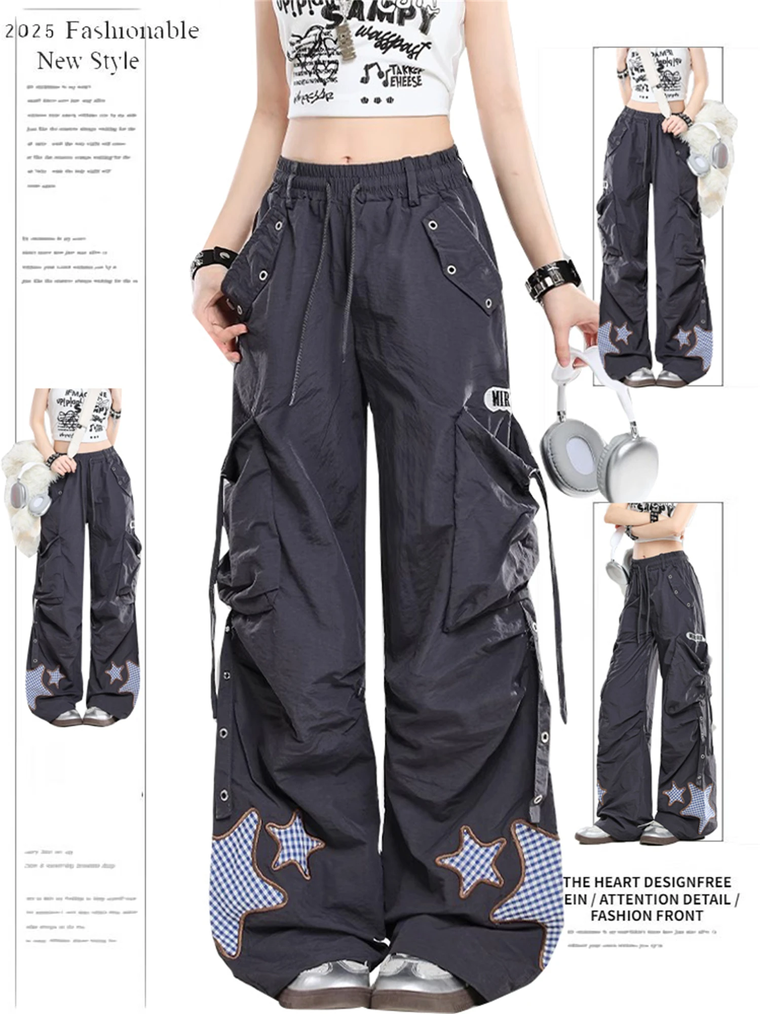 

Women's Wide Leg Cargo Pants Fashion Star Gingham Patch Multiple Pockets Drawstring High Waist Y2K Casual Streetwear Trousers