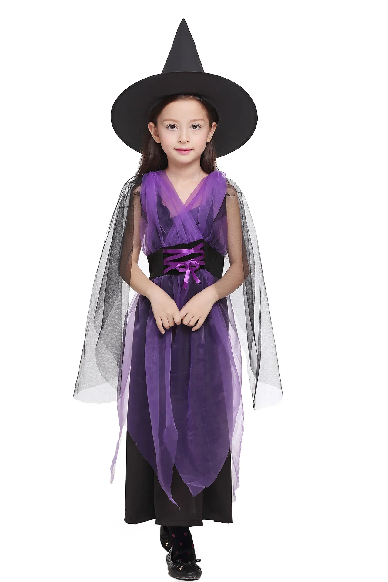 Halloween-Hexen-Kostüm-Geschenkset für Kinder, lila, schwarz, unregelmäßiges Tüllkleid, Hut, Party, Fotografie, Cosplay-Set – Detail 8