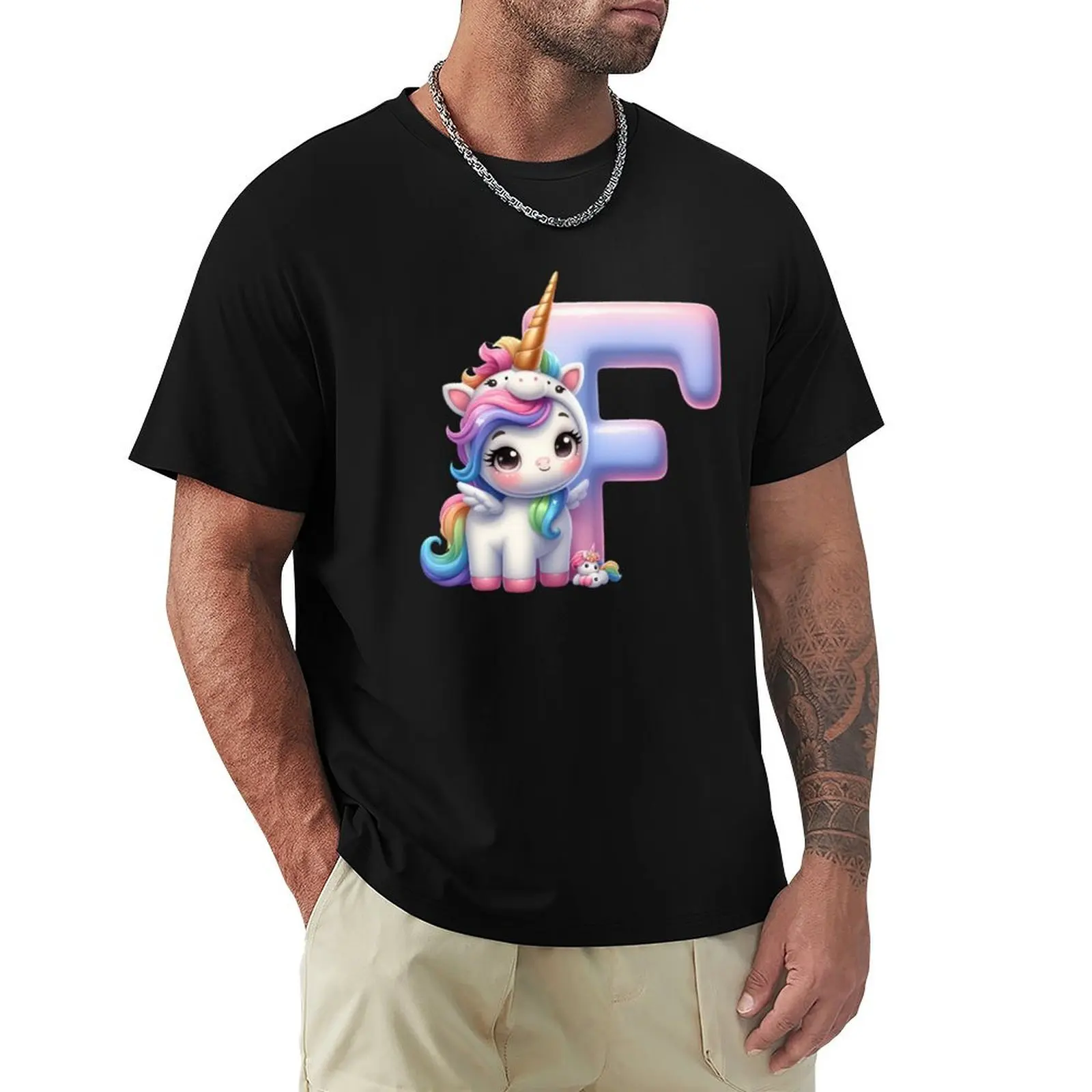 Unicorn kawaii alphabet monogram letter F T-Shirt High Elasticity Sports Tee Shirt