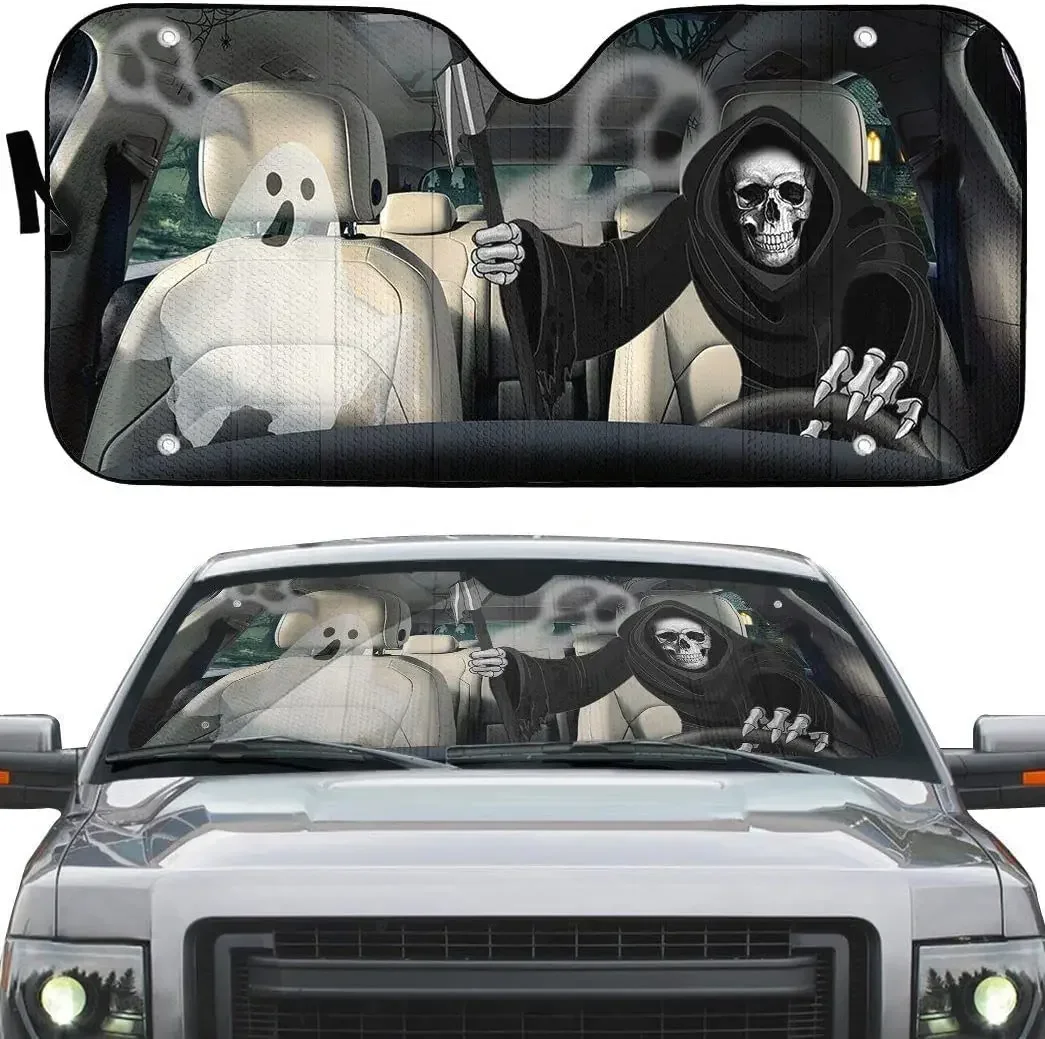 

Автомобильный солнцезащитный козырек Grim Reaper Skeleton с левым рулем, солнцезащитный козырек Grim Reaper Driving с призраками на Хэллоуин, козырек на лобовое стекло для