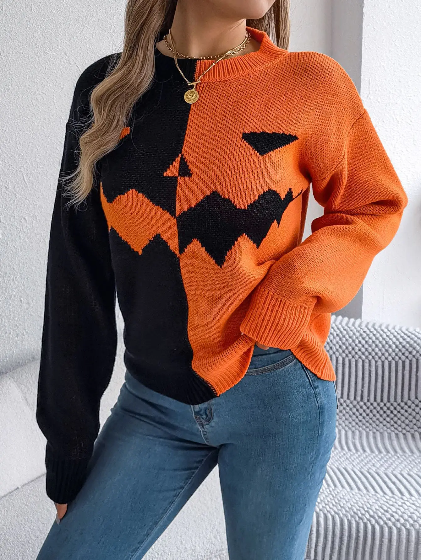 Fashion Halloween Ghost Pumpkin Knitted Sweater Autumn Winter Loose O-Neck Long Sleeve Casual Contrast Color Pullover For Women