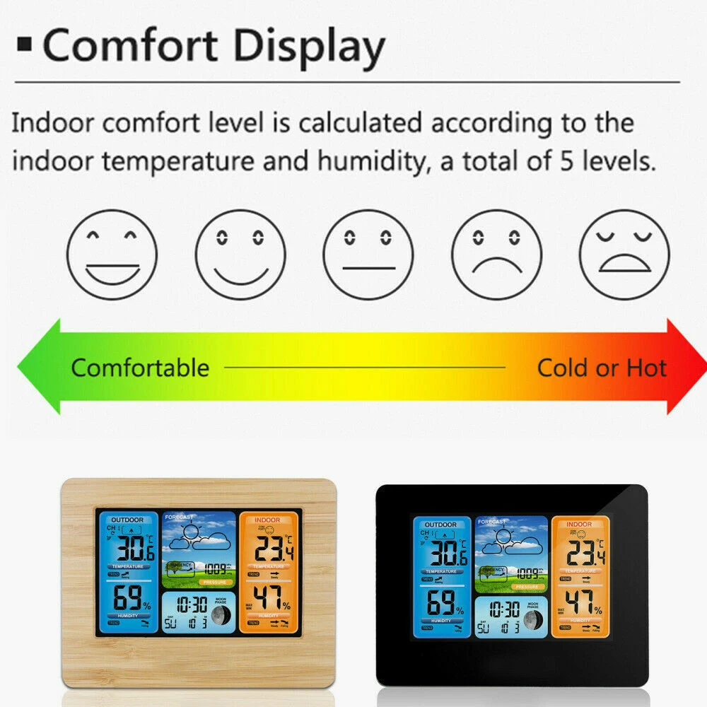 Weather Station Wireless Sensor Digital Thermometer Hygrometer Indoor Outdoor Weather Forecast Temperature Watch Alarm Clock