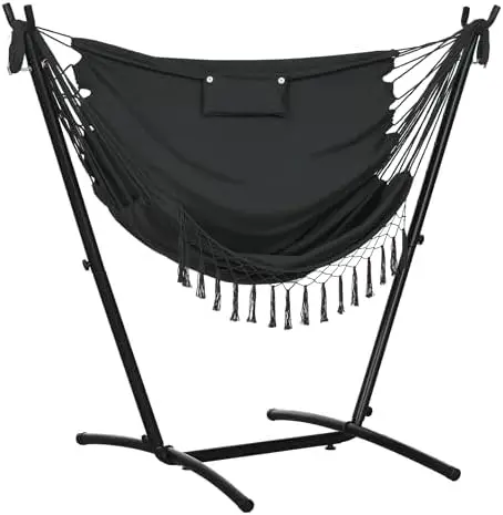 Patio Hammock Chair with Stand, Outdoor Hammock Swing Hanging Lounge Chair with Side Pocket and Headrest, Dark Gray