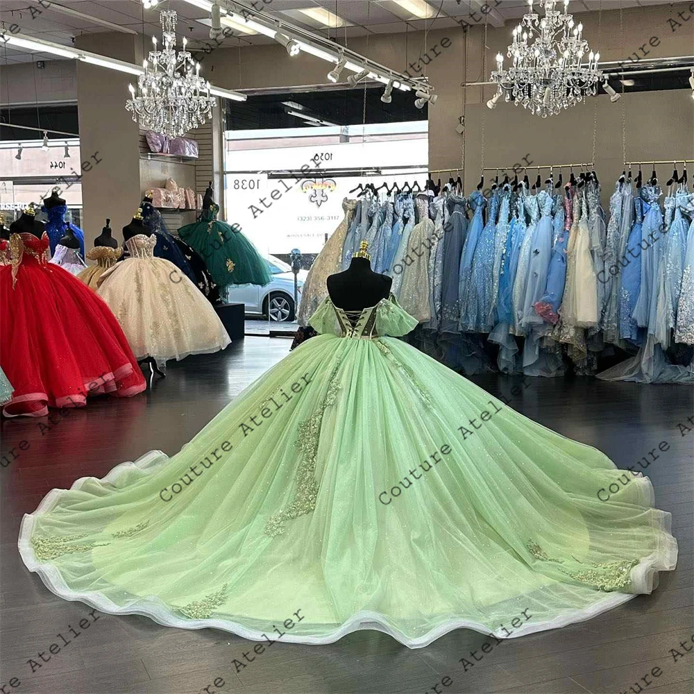 Sage Green Puff Off The Shulder manik-manik renda applique gaun Quinceanera untuk manis 15 tahun gaun pesta gembung putri disesuaikan