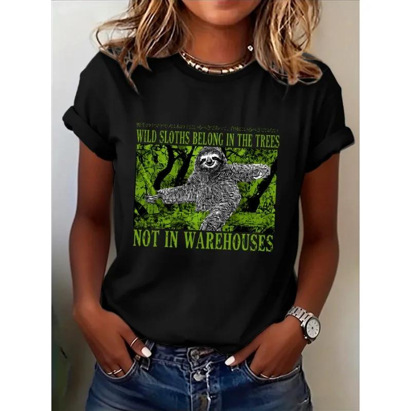ilstile Women's Protect Animals Anima Sloth Print T-Shirts Summer Short Sleeve Casual Tops Black  Tees New Arrival