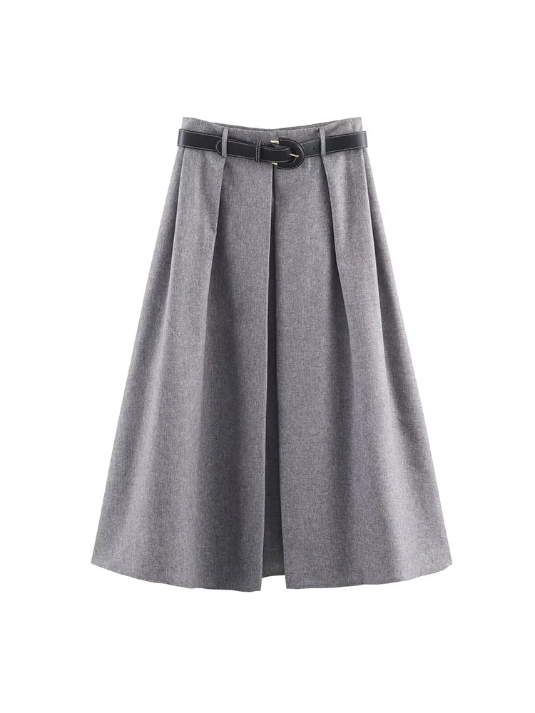 

European style new women's clothing, fashionable and versatile, elegant and casual, solid color with belt and pleats, midi skirt