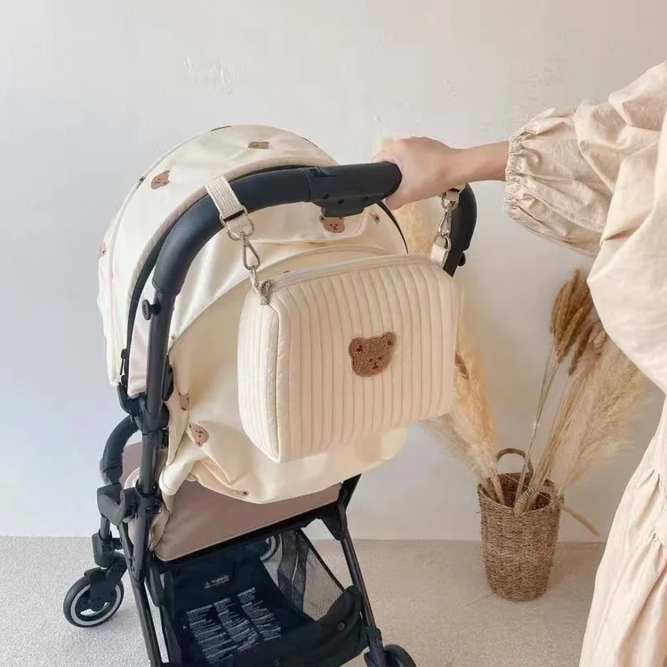 Bolsa de mamá acolchada bordada con cremallera ins, bolsa colgante de almacenamiento para cochecito de bebé, organizador de botellas de pañales, bolsa para madre y bebé