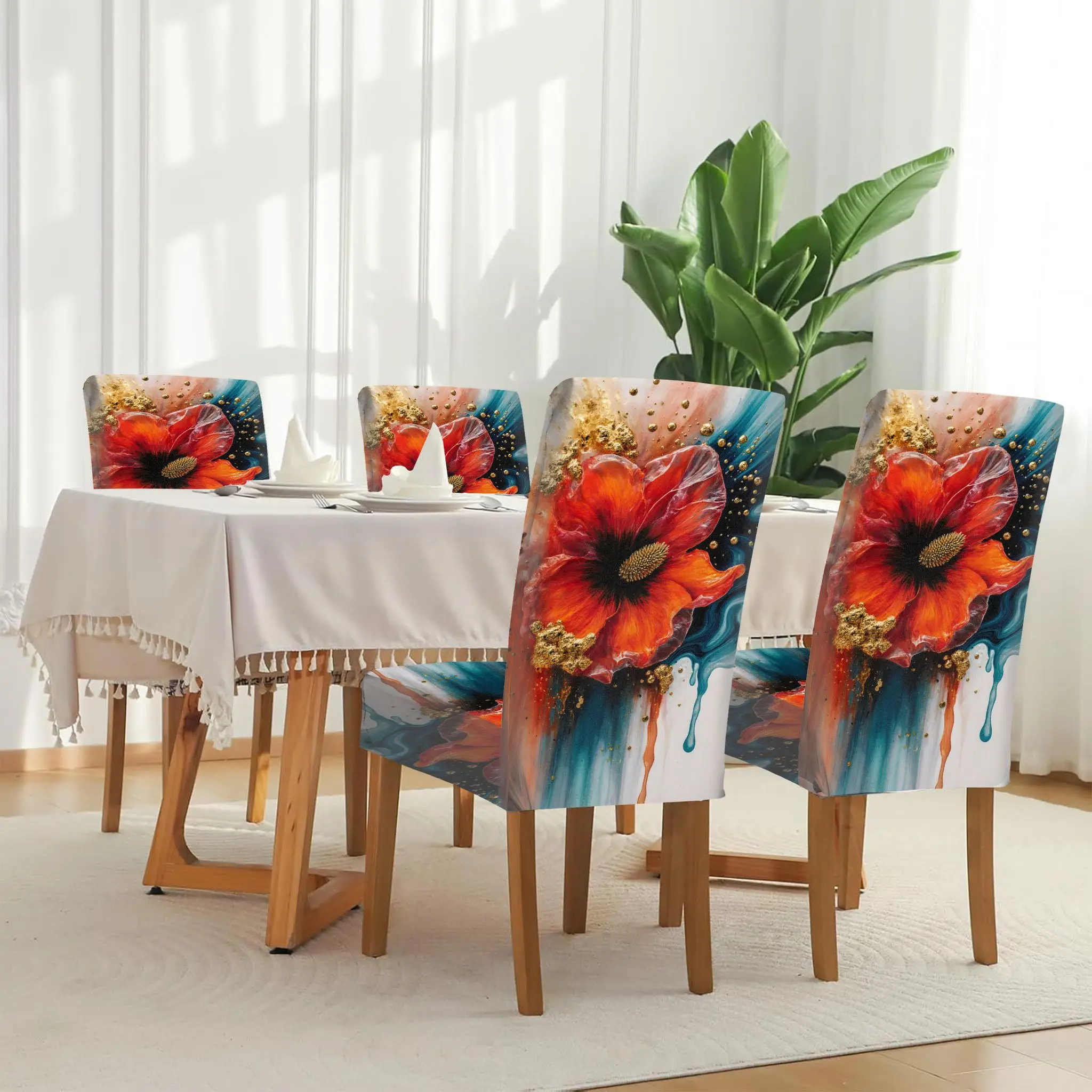 

Elastic dining chair cover, gorgeous abstract flower art pattern, removable and washable, home dining chair cover