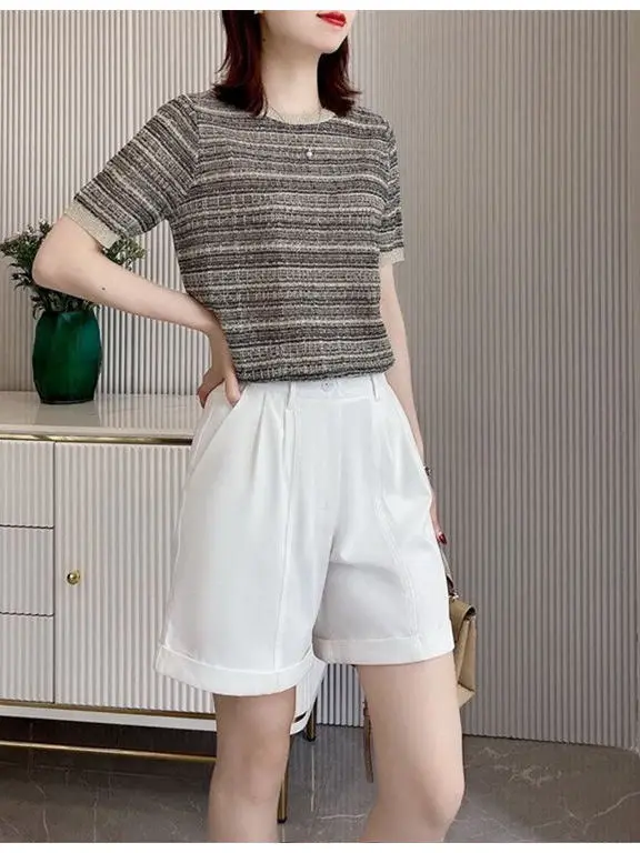 Camiseta de punto ort Sve de seda de hielo Ne redonda a rayas para primavera y verano para mujer, Top informal cómodo y transpirable