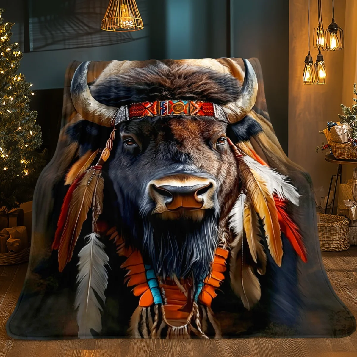 1 بطانية من الفلانيل بعصابة رأس من ريش الجاموس الأمريكي الأصلي - دافئة وناعمة، مناسبة للأرائك والأسرة وغرف المعيشة والمكاتب،