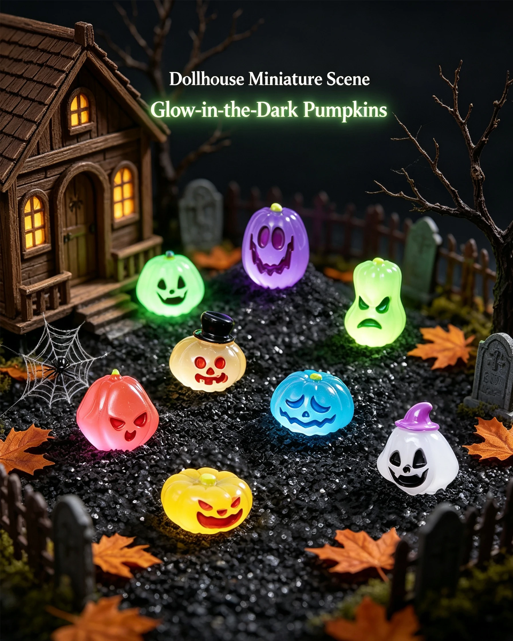 8pcs Miniature Halloween Figurine Set Luminous Figurine Miniature Halloween Cartoon Pumpkin Ghost Micro Landscape Ornaments