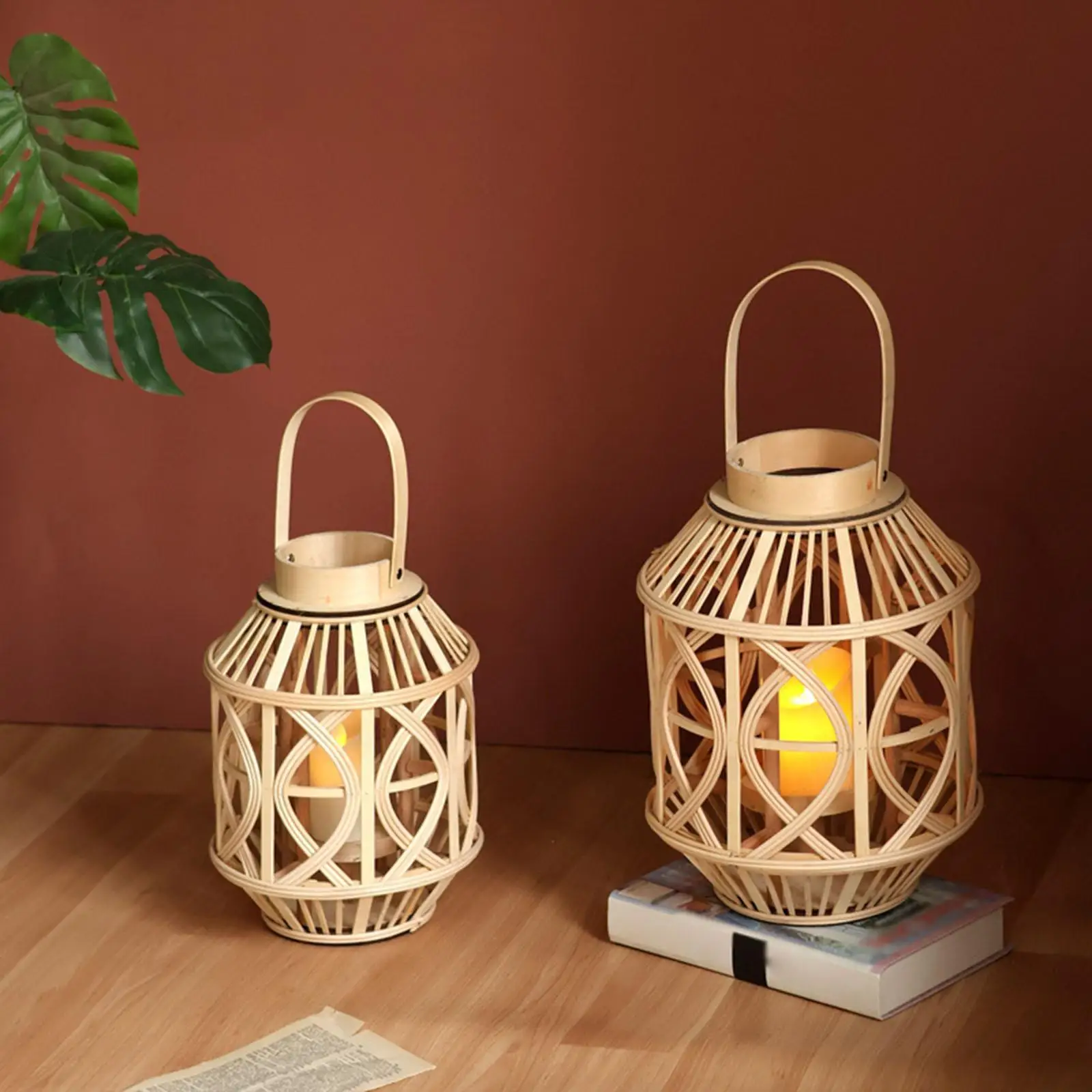 

Handwoven Lantern Candle Holder Tea Light Holder Housewarming Gifts Wooden Candles Stand for Corridor Countertop Dining Room
